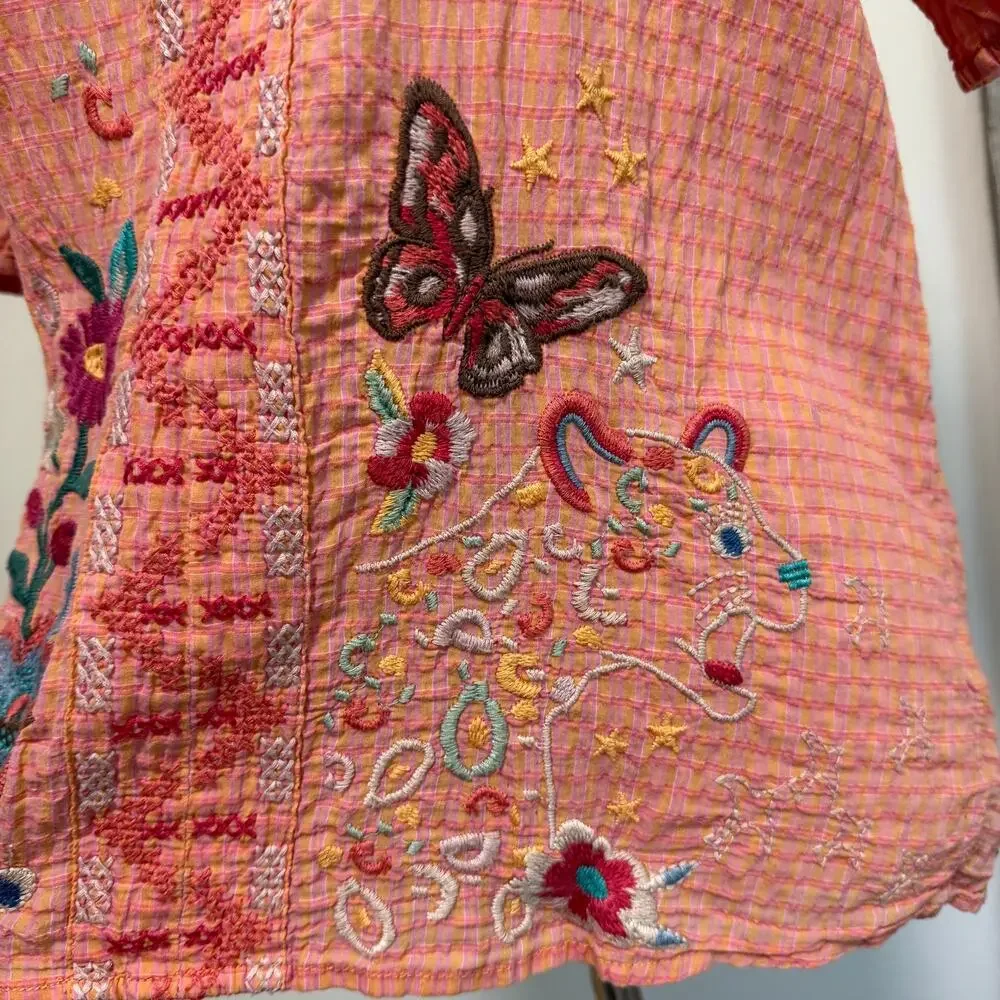 Johnny Was Workshop Embroidered Top XS Peach Floral Jungle Butterfly Leopard Bee